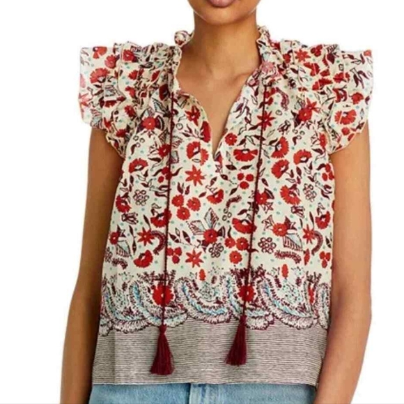 Kourt boho ruffle cap sleeve floral top with tassles.100% Cotton - Picture 1 of 7